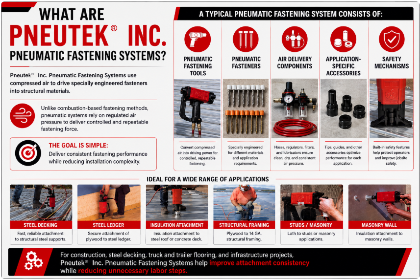 Infographic explaining Pneutek pneumatic fastening system components and applications