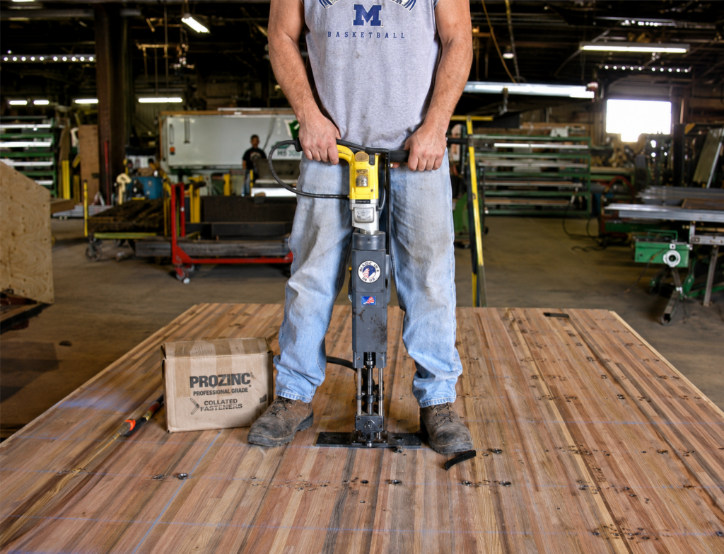 A worker using a pneumatic fastening tool to install wood flooring in an industrial facility.