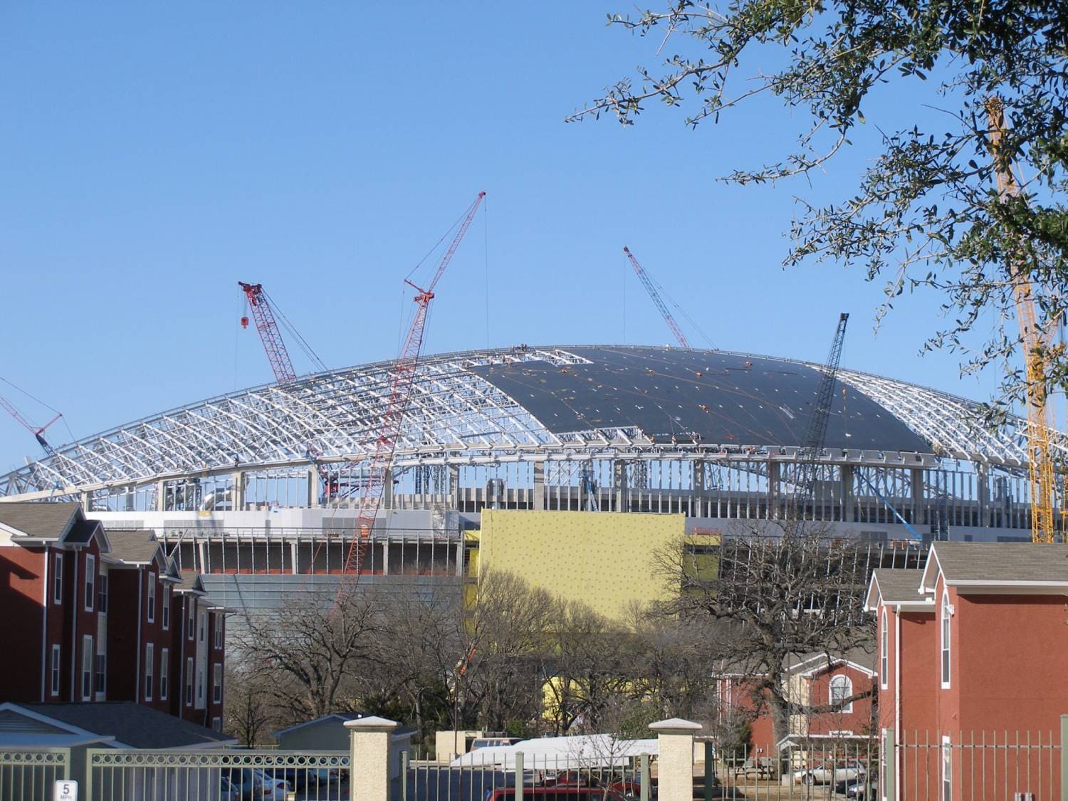 Steel roof decking and structural framing on a stadium under construction